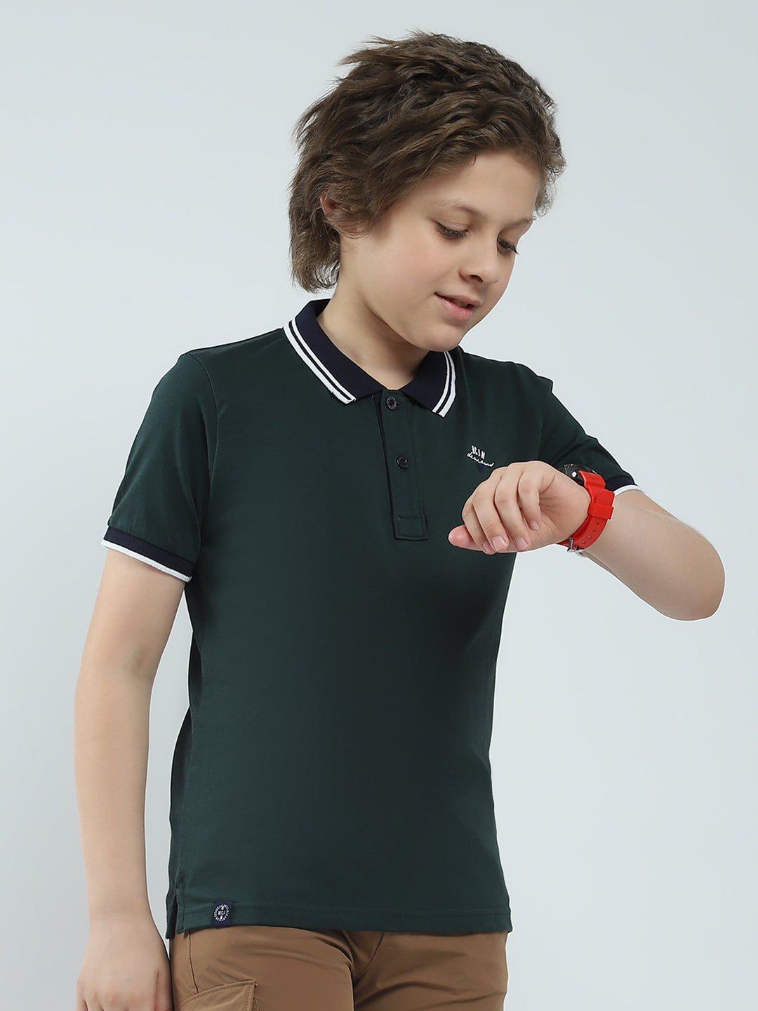 Boys Green Solid Collar Half Sleeve T-Shirt