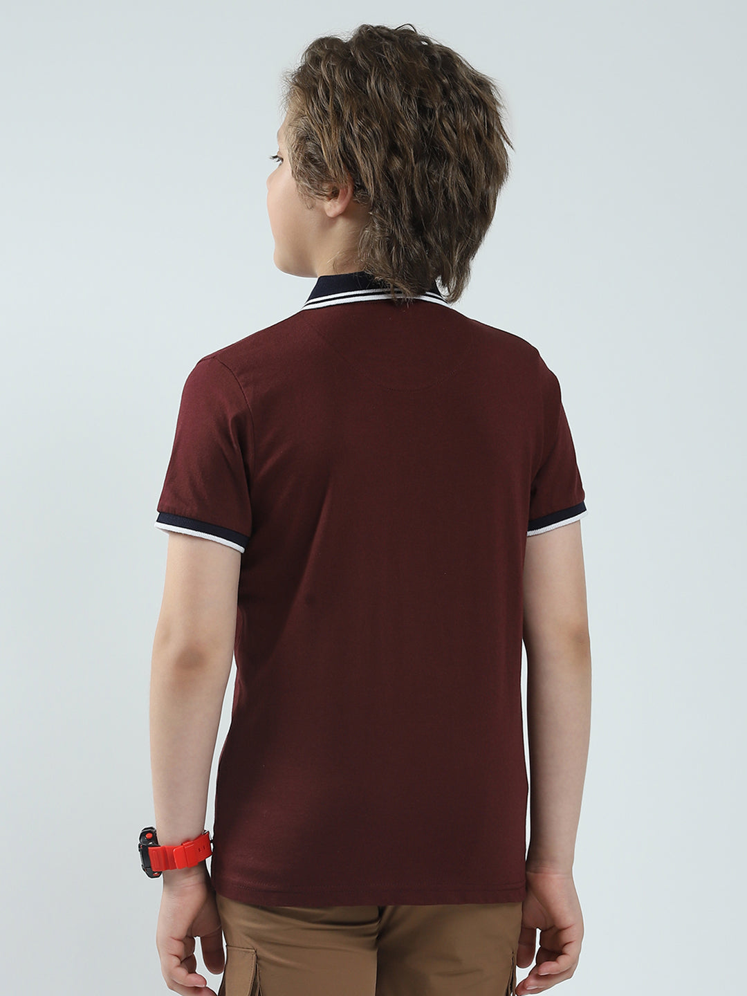 Boys Maroon Solid Collar Half Sleeve T-Shirt