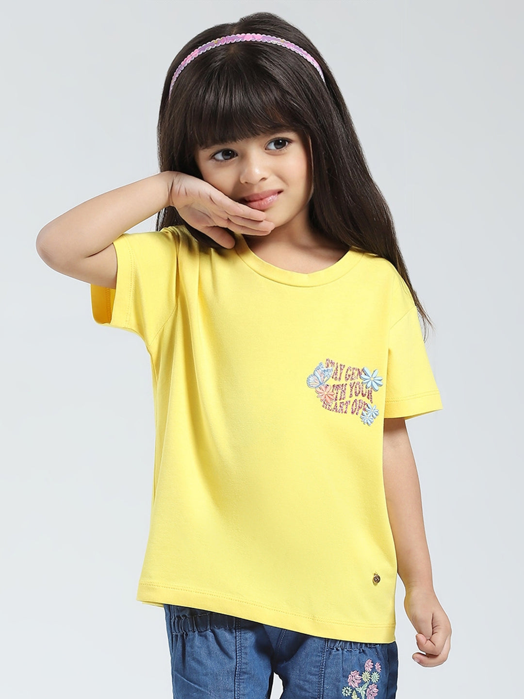 Girls Yellow Solid Round Neck Half Sleeve Top