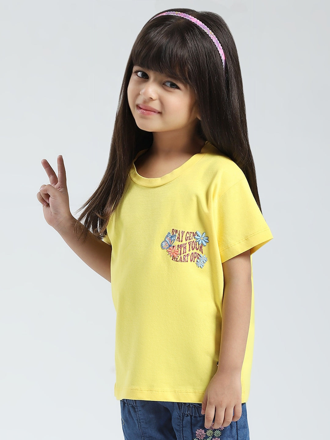 Girls Yellow Solid Round Neck Half Sleeve Top