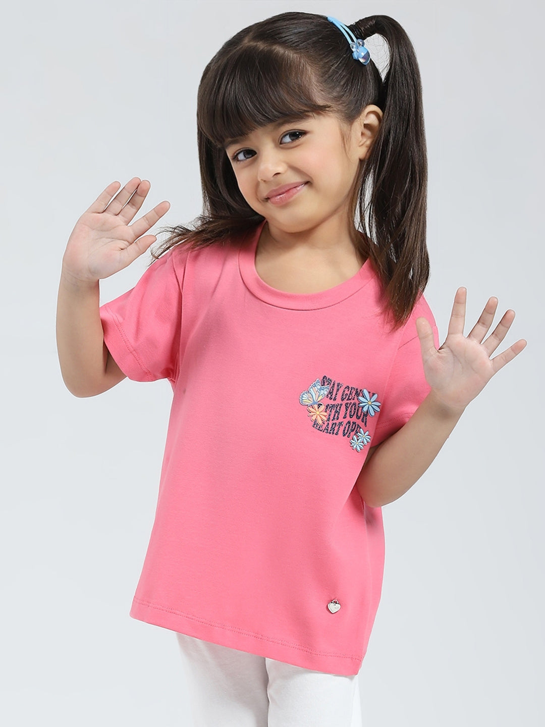 Girls Pink Solid Round Neck Half Sleeve Top