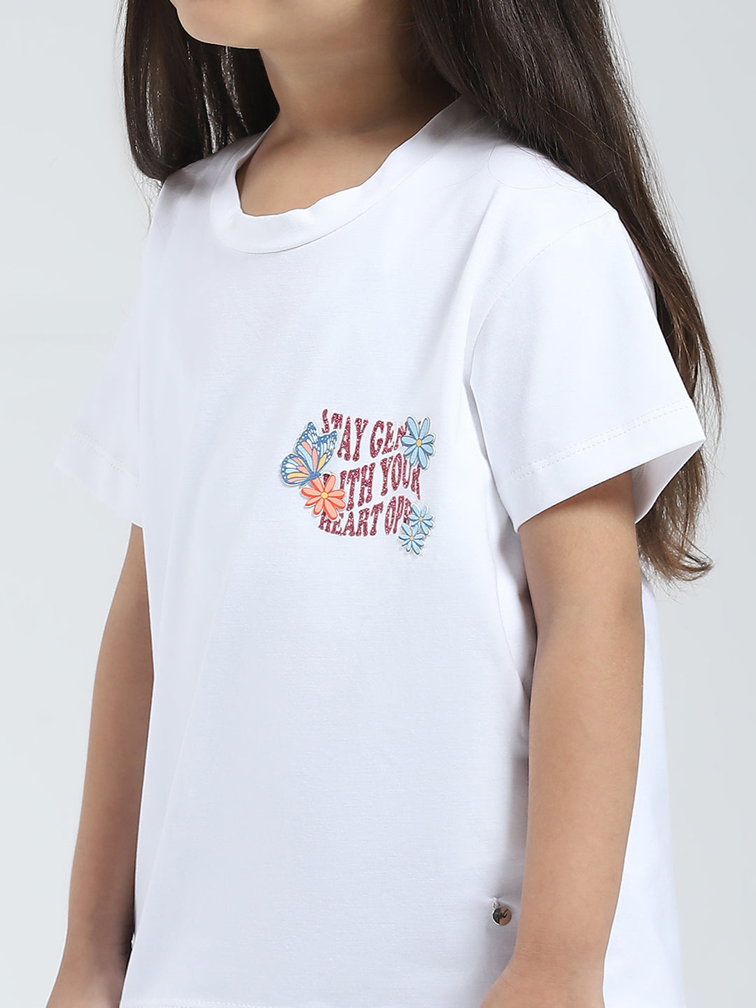 Girls White Solid Round Neck Half Sleeve Top