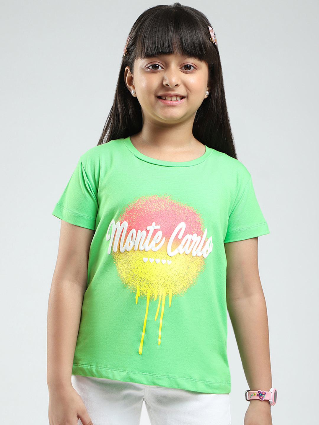 Girls Green Printed Round Neck Half Sleeve Top