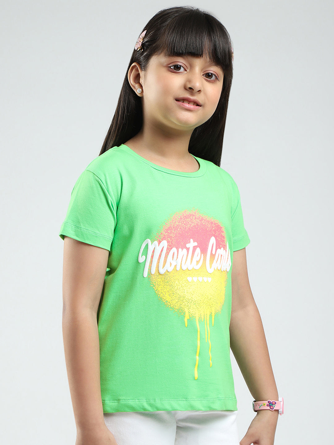 Girls Green Printed Round Neck Half Sleeve Top