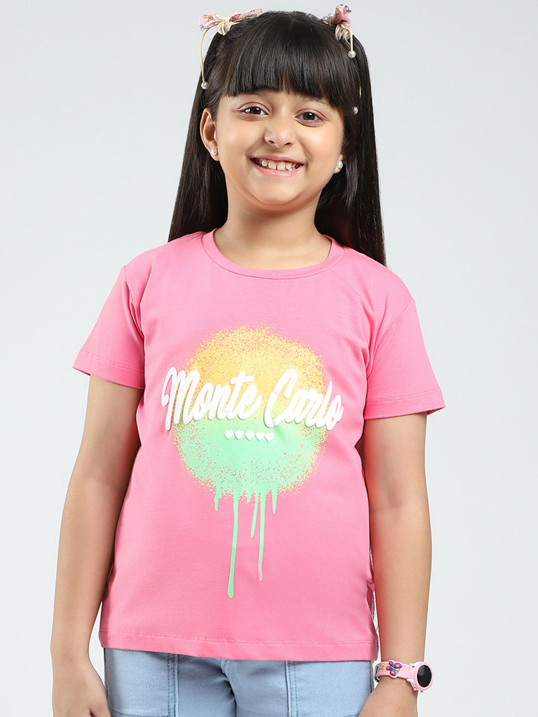 Girls Pink Printed Round Neck Half Sleeve Top