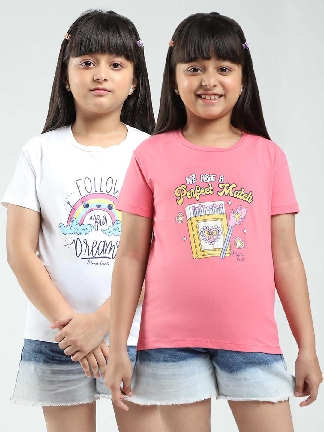 Girls White & Pink Printed Round Neck Half Sleeve Top 2Pc Set