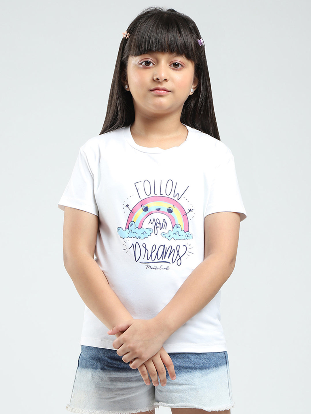 Girls White & Pink Printed Round Neck Half Sleeve Top 2Pc Set