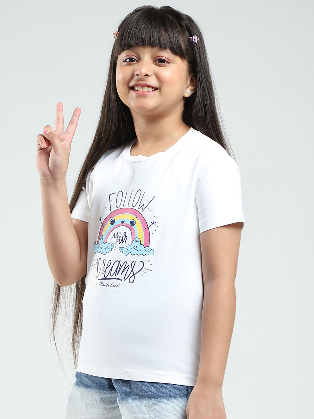 Girls White & Pink Printed Round Neck Half Sleeve Top 2Pc Set