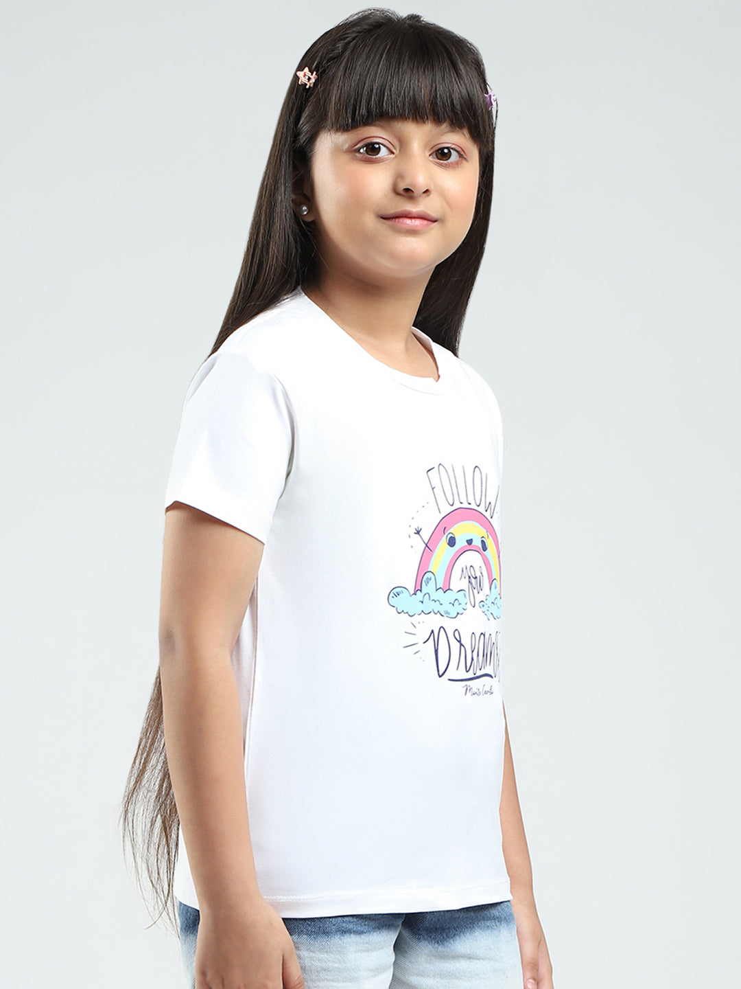 Girls White & Pink Printed Round Neck Half Sleeve Top 2Pc Set