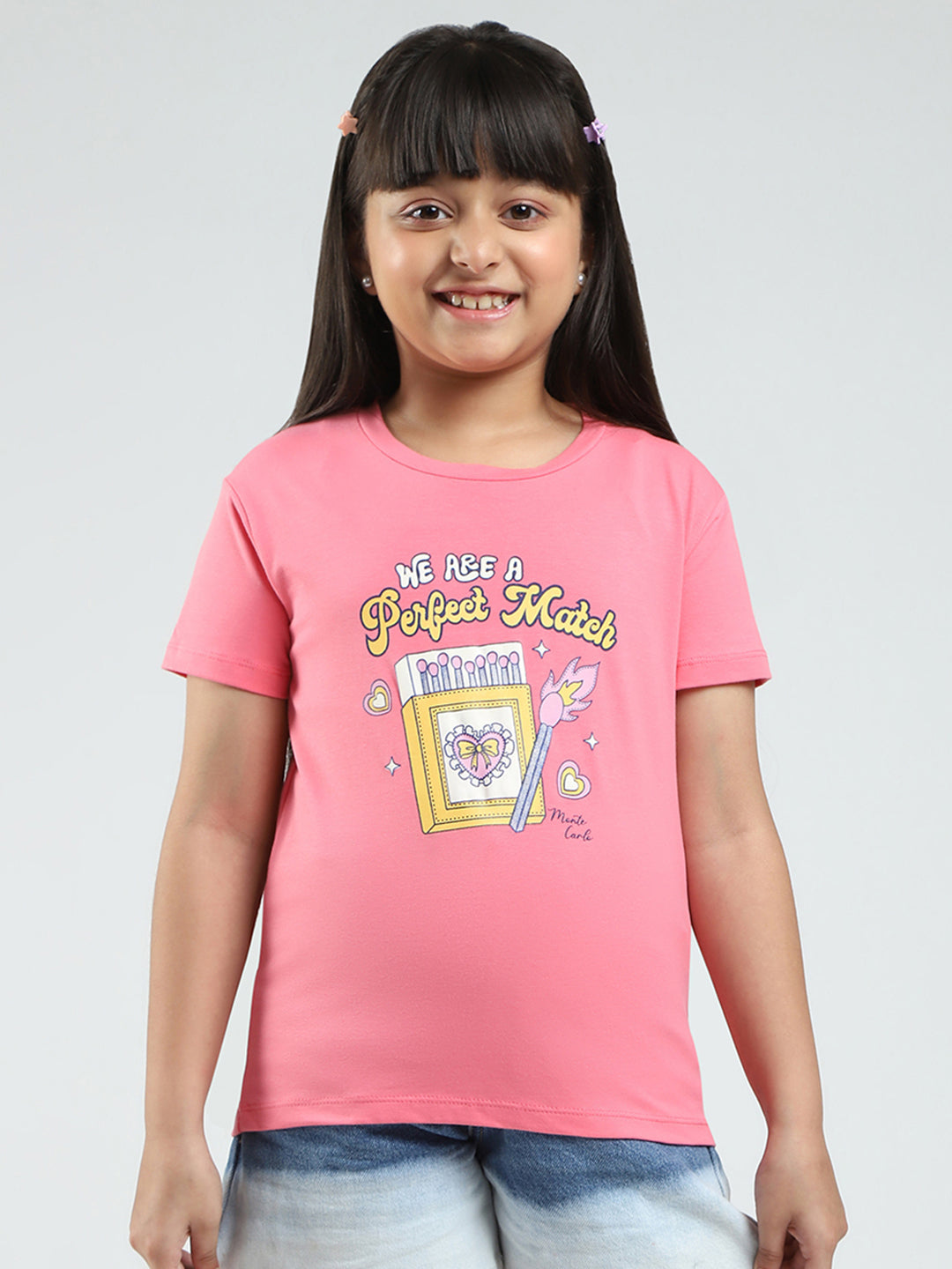 Girls White & Pink Printed Round Neck Half Sleeve Top 2Pc Set