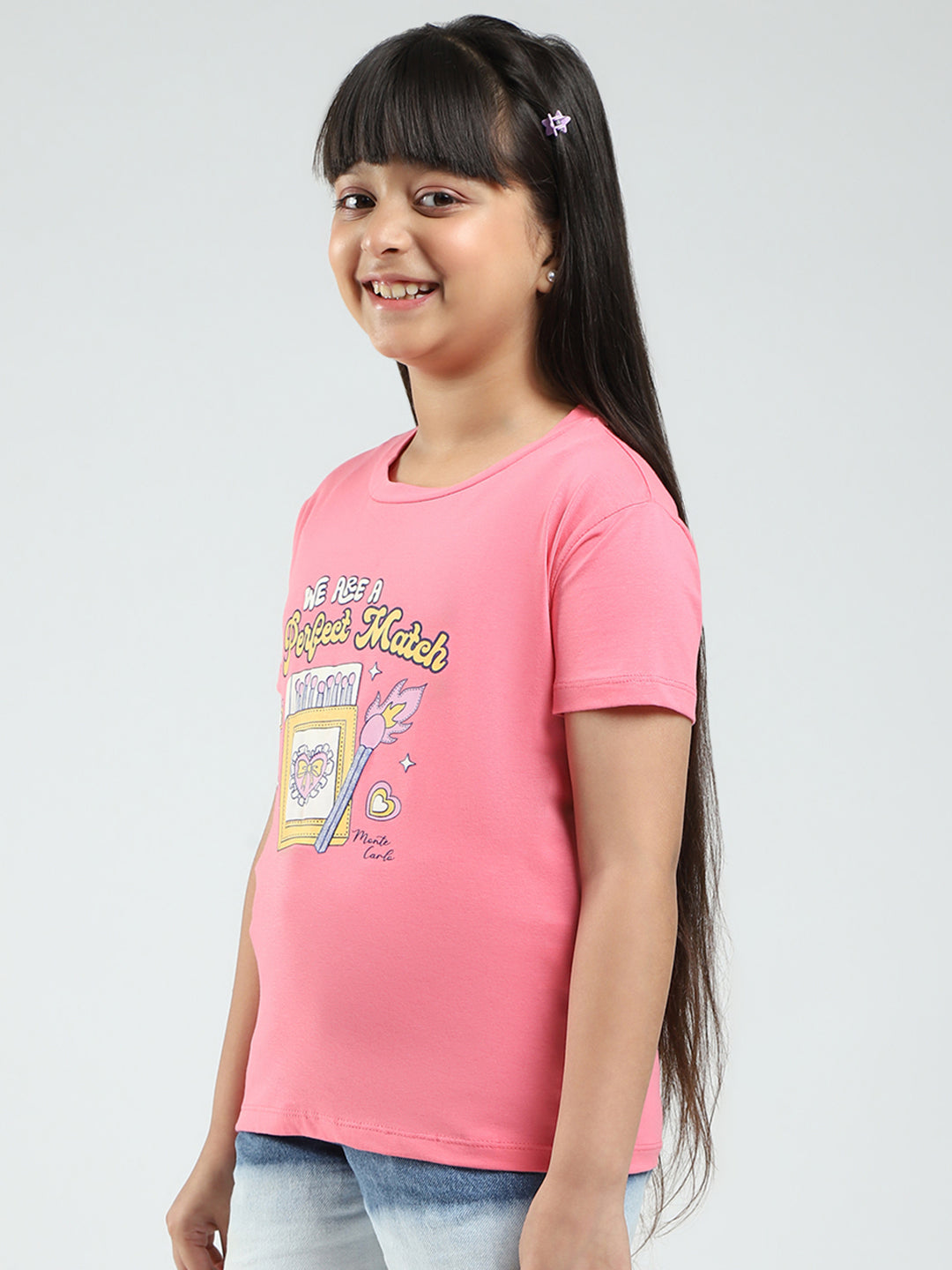 Girls White & Pink Printed Round Neck Half Sleeve Top 2Pc Set