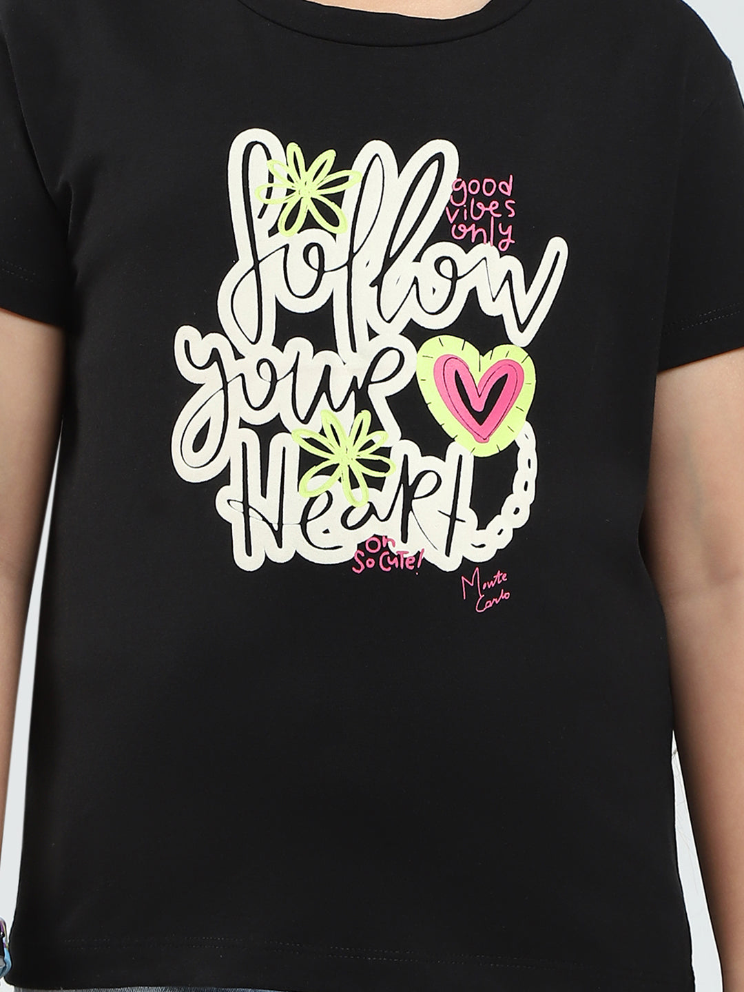 Girls Blue & Black Printed Round Neck Half Sleeve Top 2Pc Set