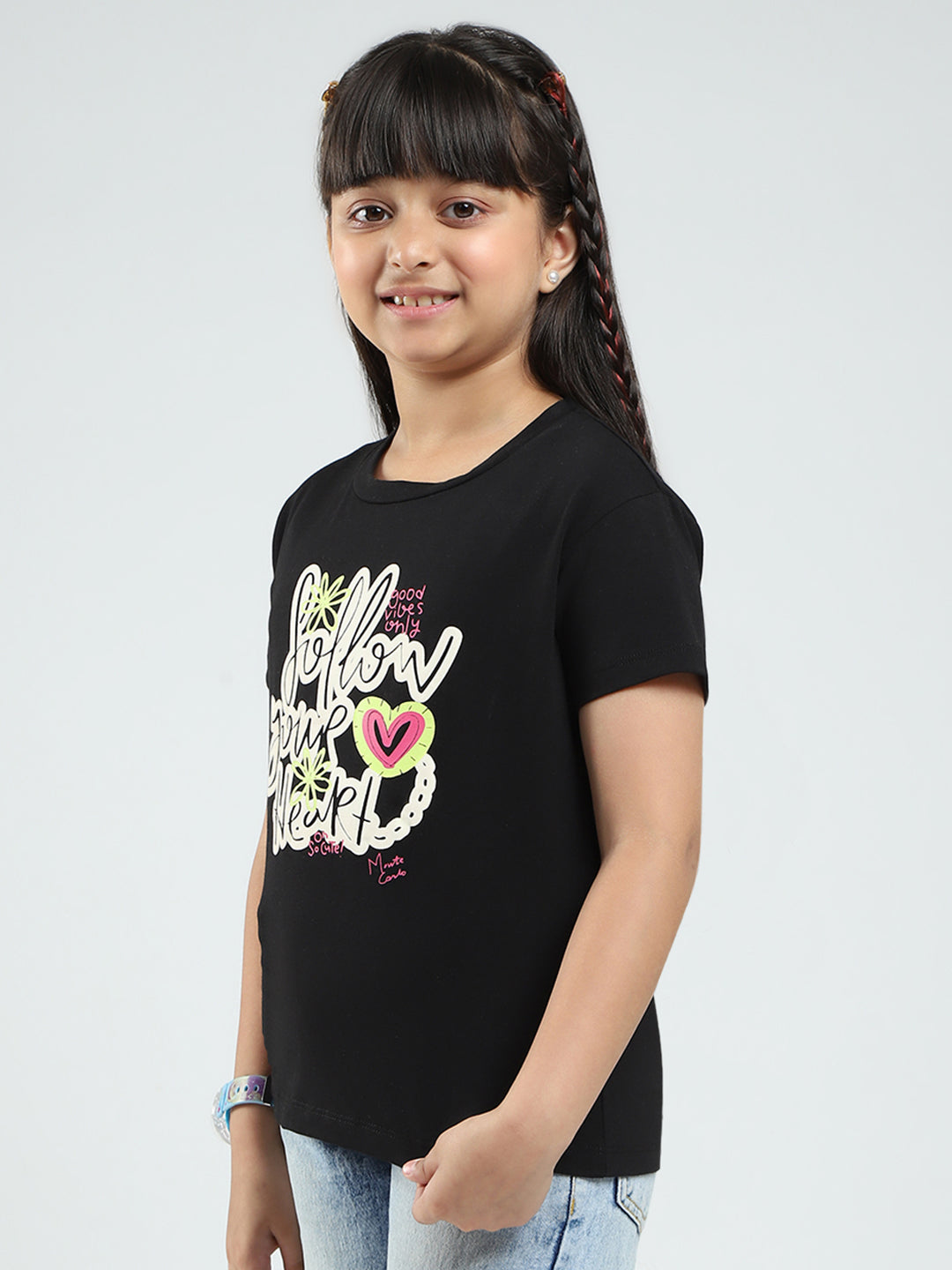 Girls Blue & Black Printed Round Neck Half Sleeve Top 2Pc Set
