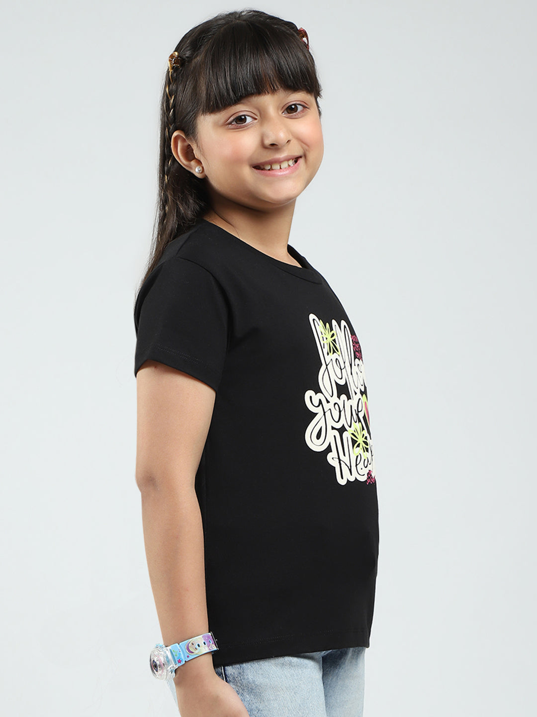 Girls Blue & Black Printed Round Neck Half Sleeve Top 2Pc Set