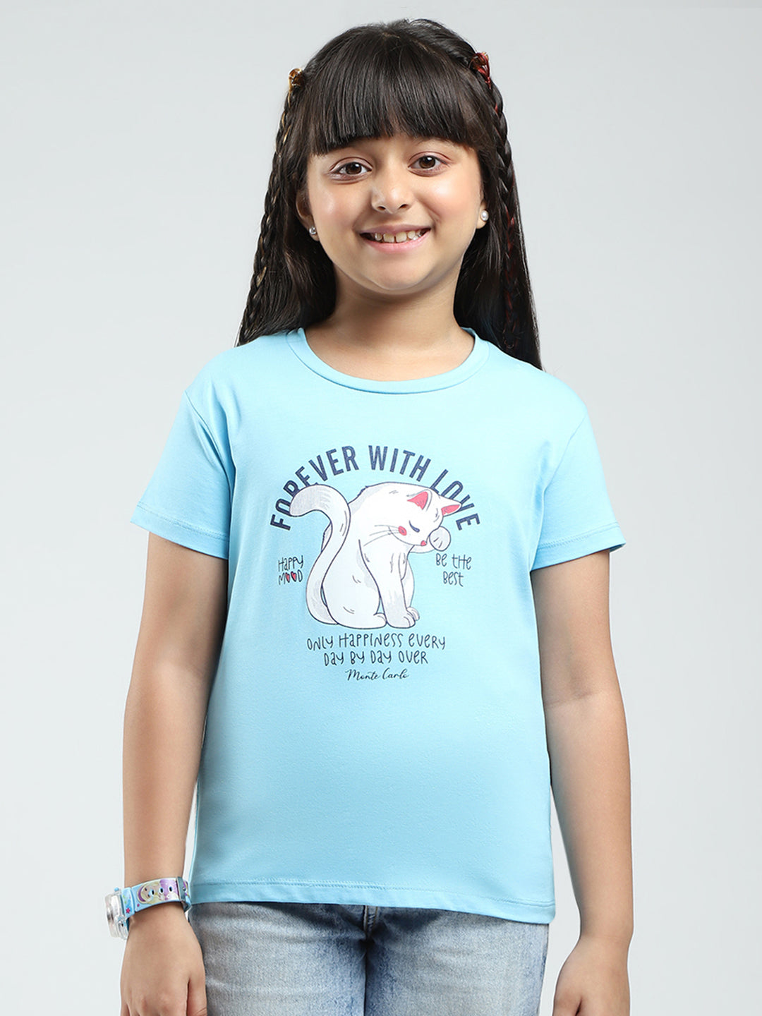 Girls Blue & Black Printed Round Neck Half Sleeve Top 2Pc Set