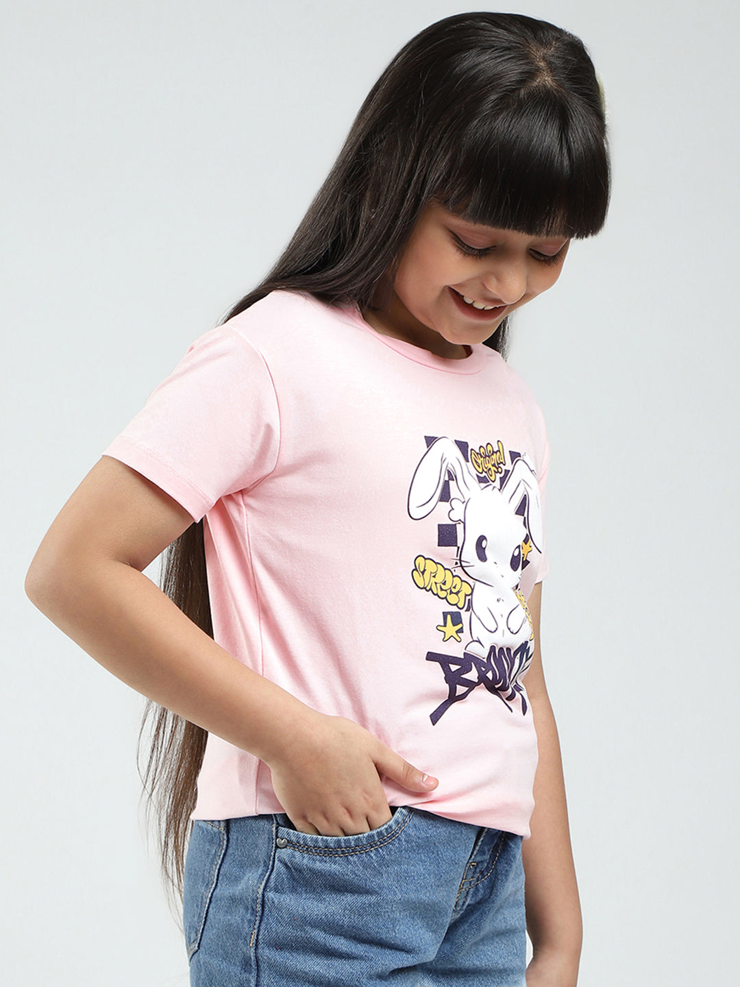 Girls Green & Pink Printed Round Neck Half Sleeve Top 2Pc Set