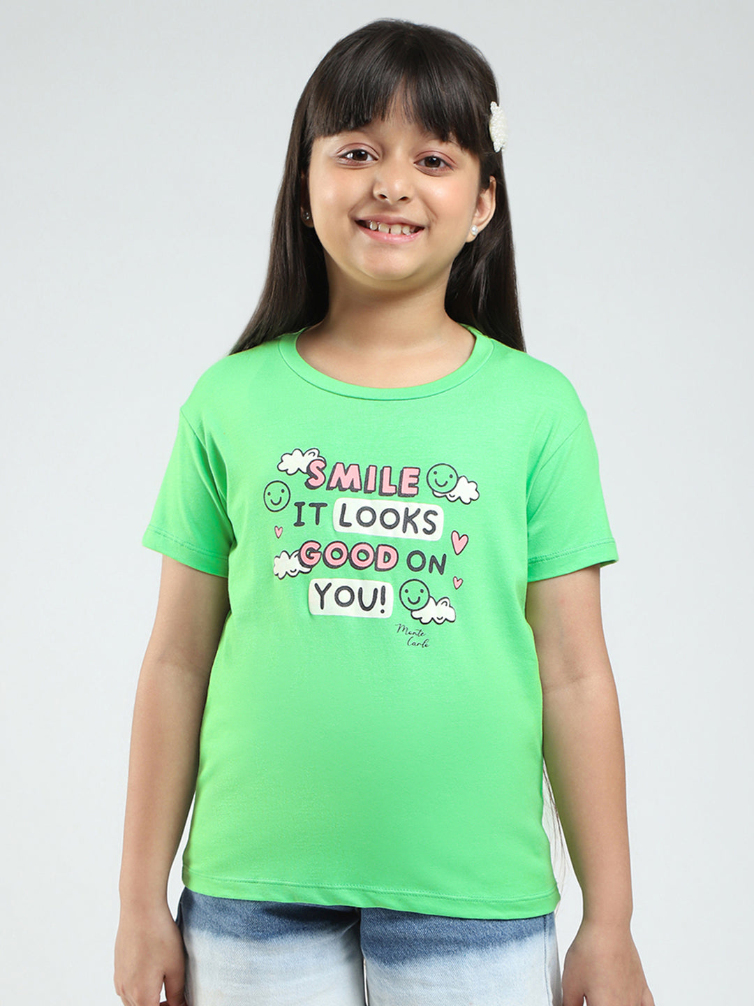 Girls Green & Pink Printed Round Neck Half Sleeve Top 2Pc Set