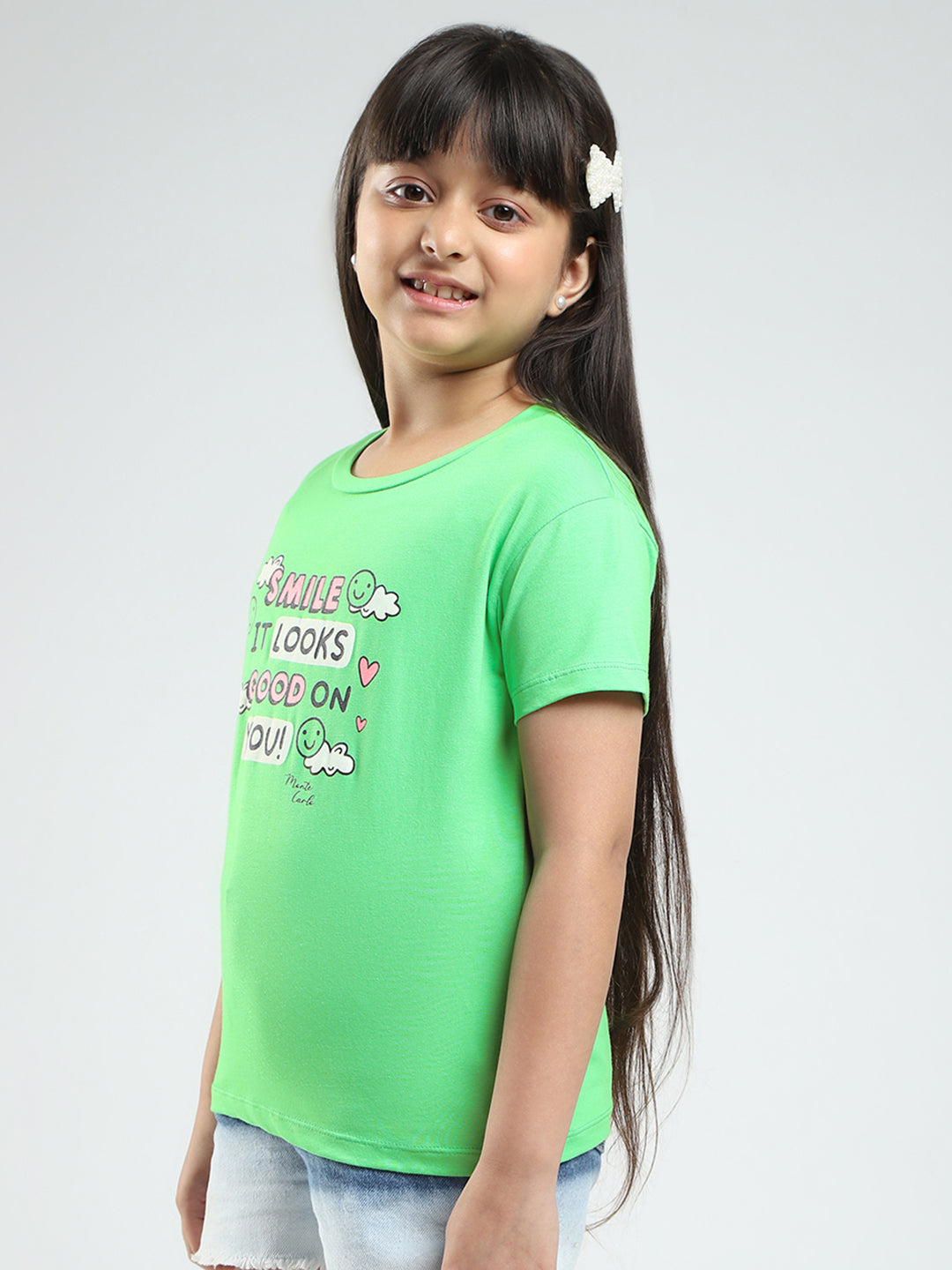 Girls Green & Pink Printed Round Neck Half Sleeve Top 2Pc Set
