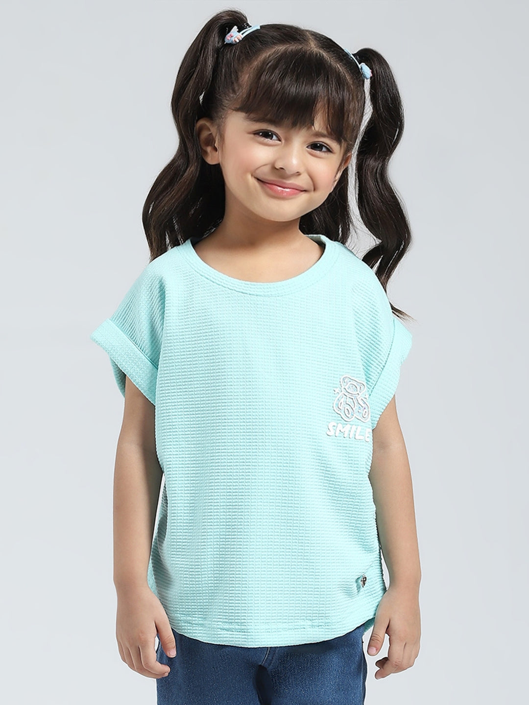 Girls Blue Solid Round Neck Half Sleeve Top