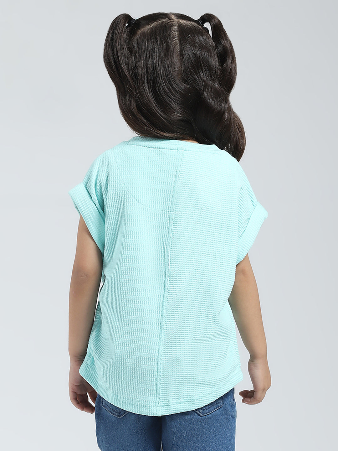 Girls Blue Solid Round Neck Half Sleeve Top