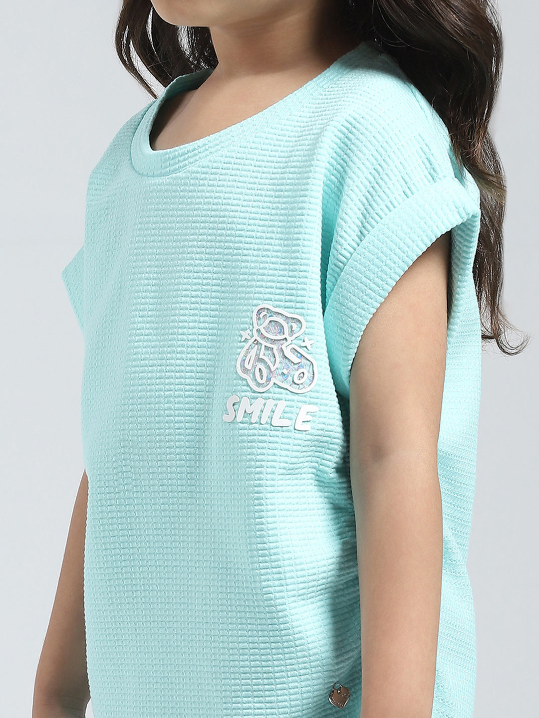 Girls Blue Solid Round Neck Half Sleeve Top