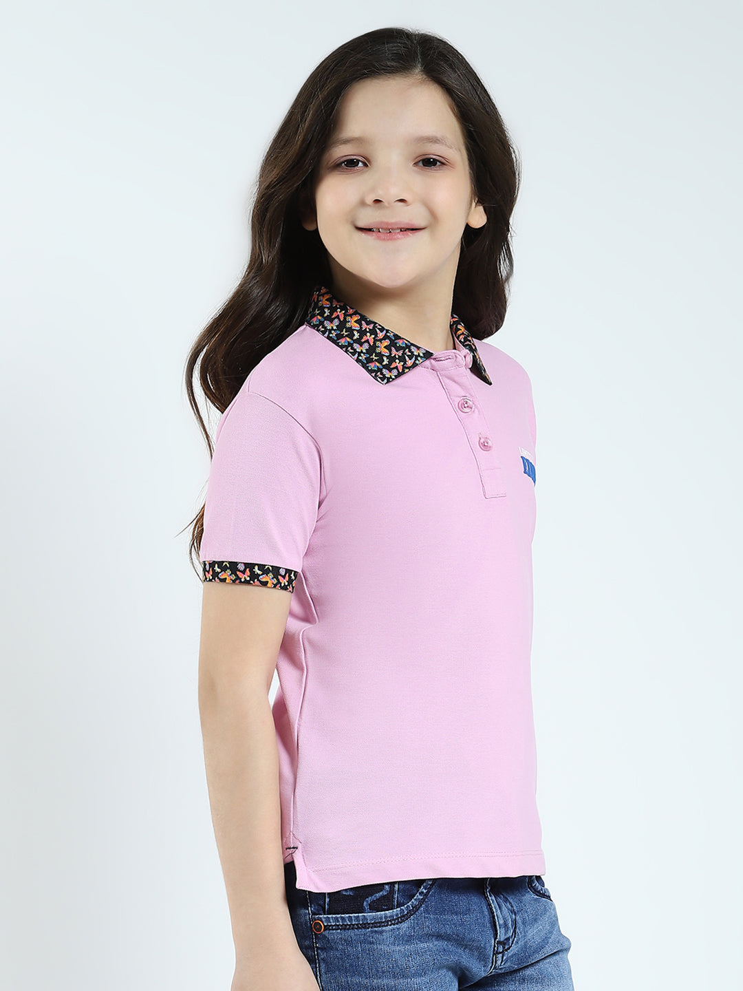 Girls Purple Solid Collar Half Sleeve T-Shirt