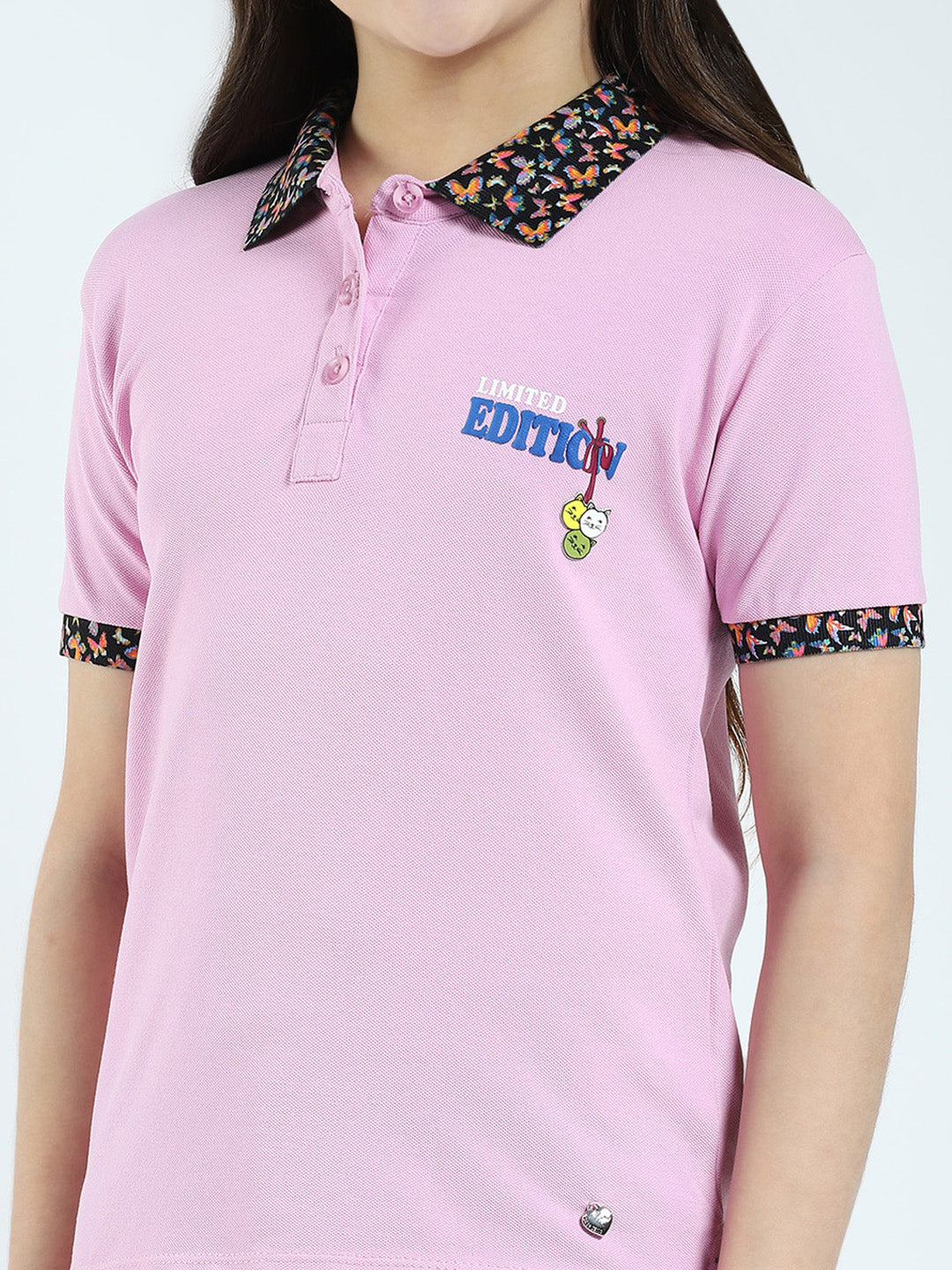 Girls Purple Solid Collar Half Sleeve T-Shirt