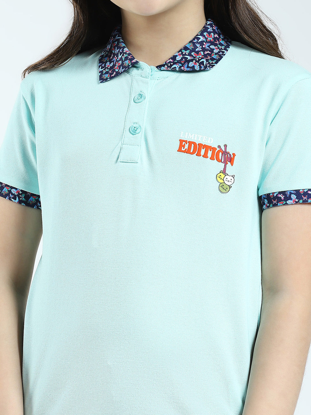 Girls Blue Solid Collar Half Sleeve T-Shirt