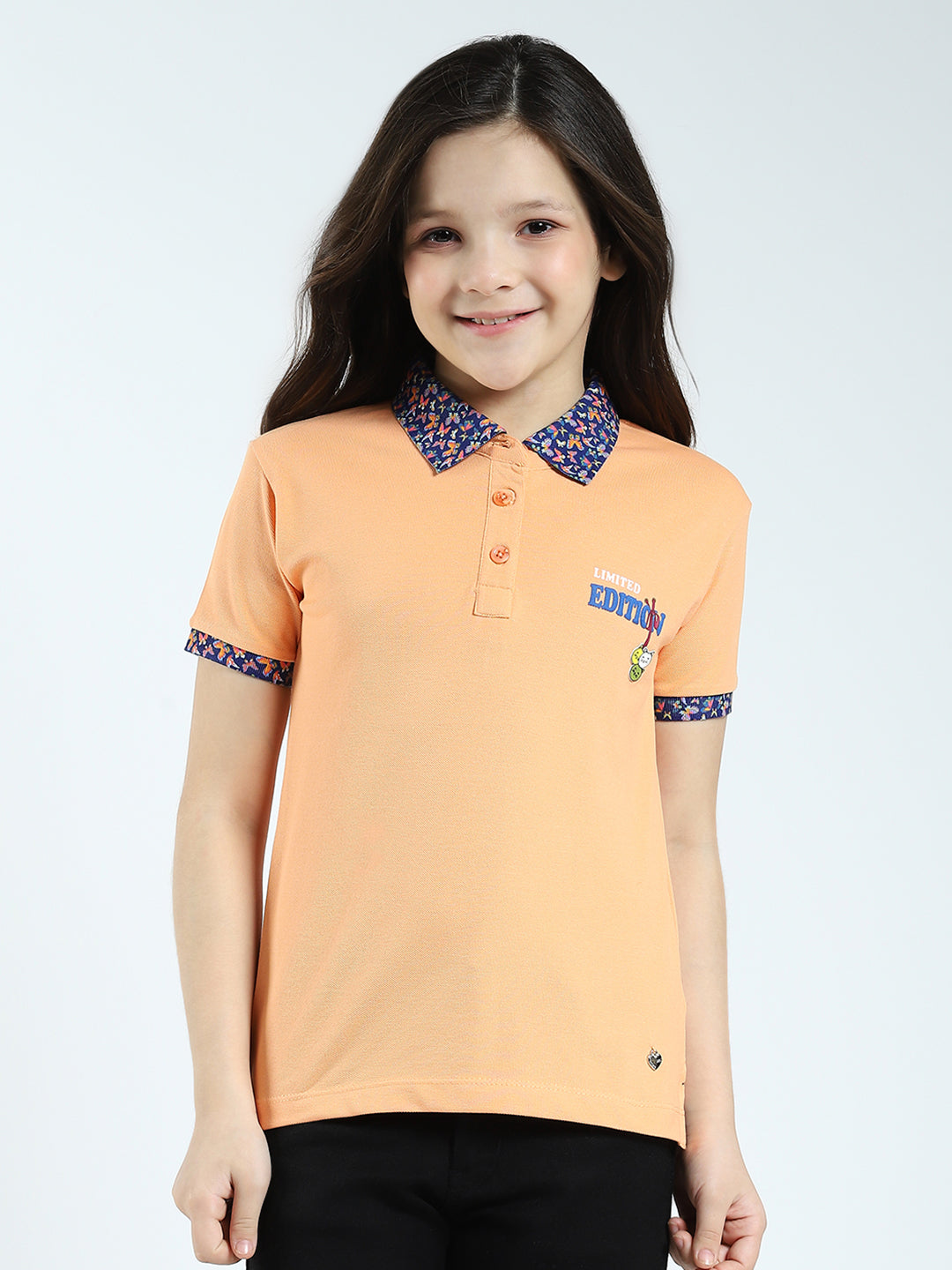 Girls Peach Solid Collar Half Sleeve T-Shirt