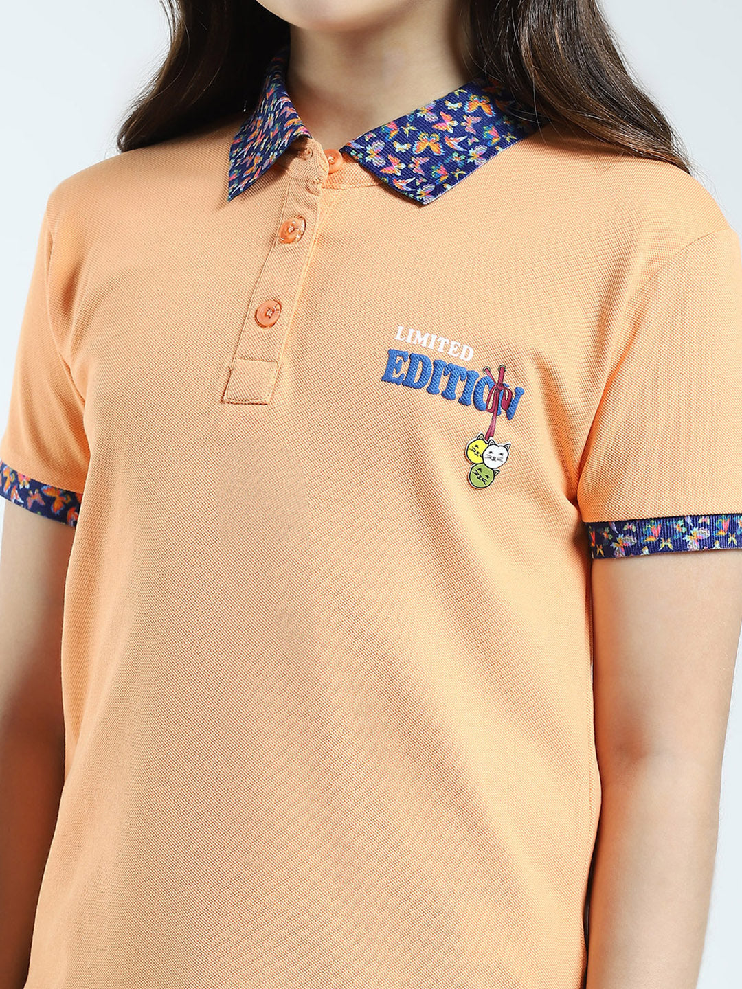 Girls Peach Solid Collar Half Sleeve T-Shirt