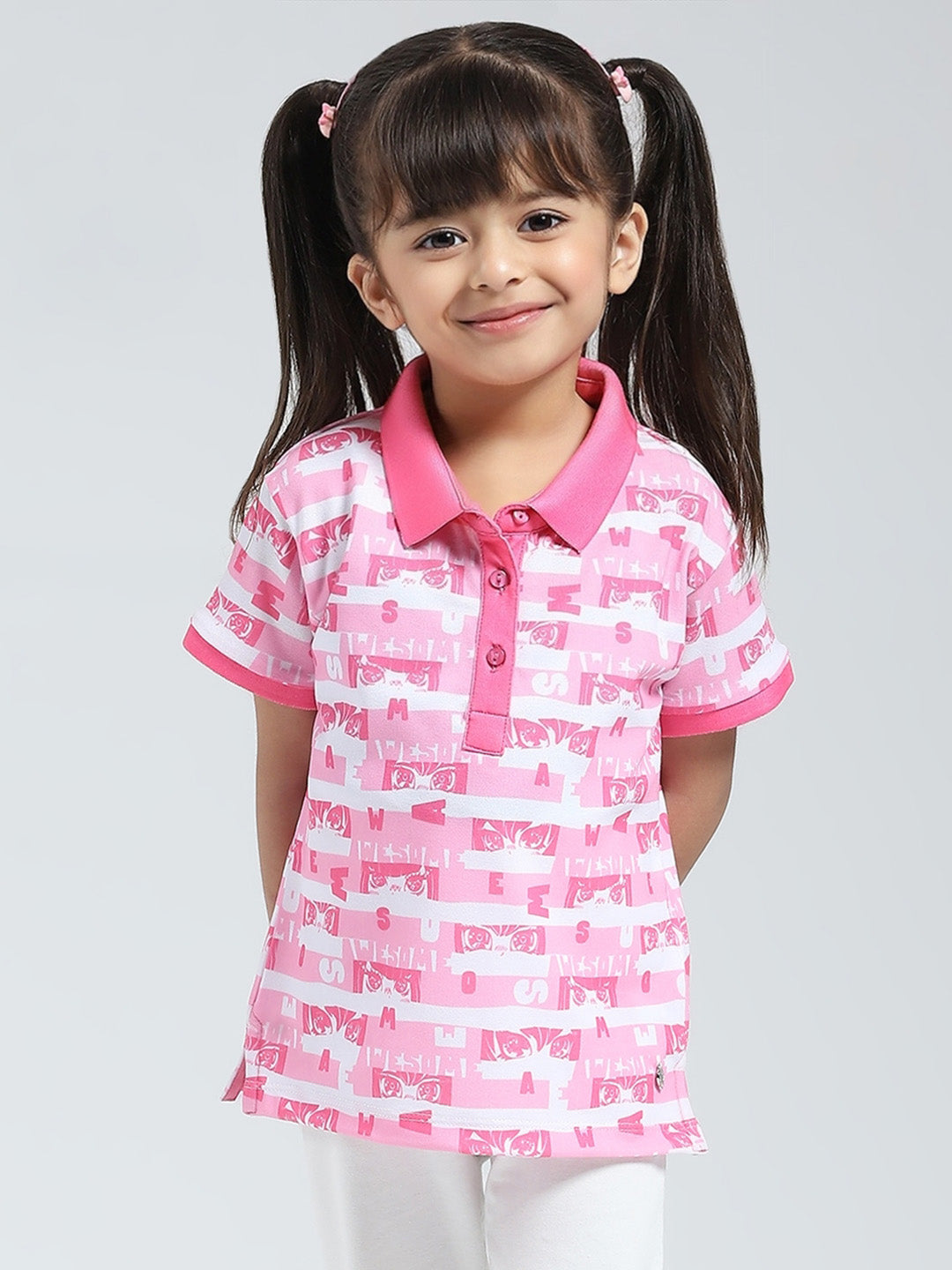Girls Pink Printed Collar Half Sleeve T-Shirt