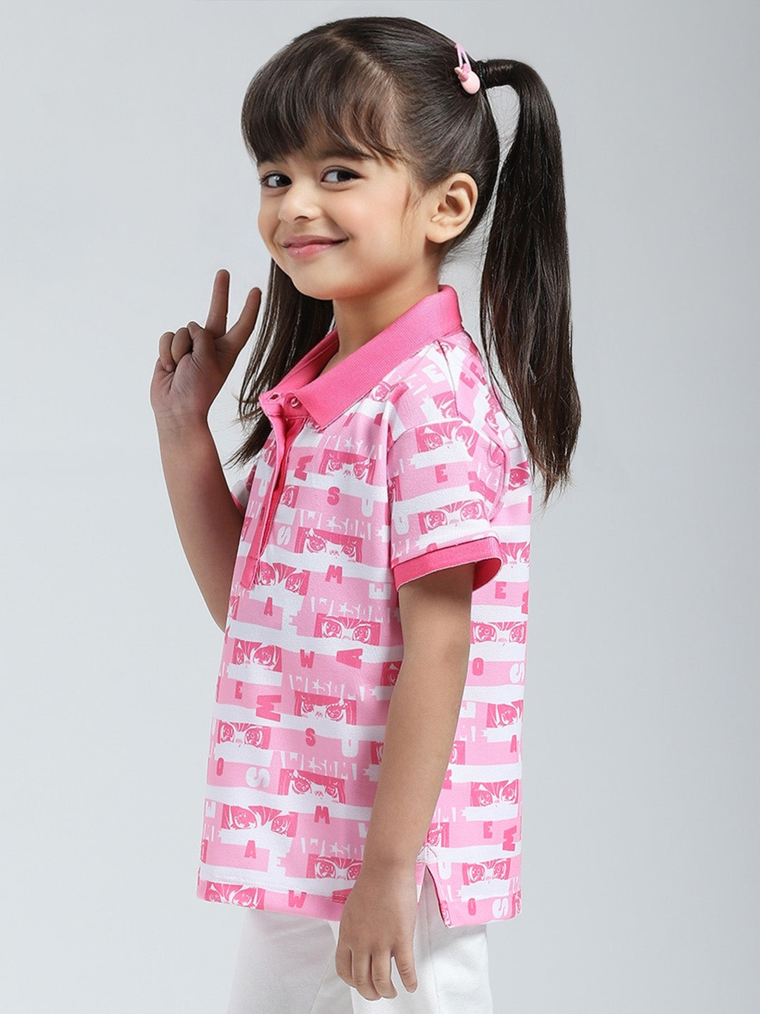 Girls Pink Printed Collar Half Sleeve T-Shirt