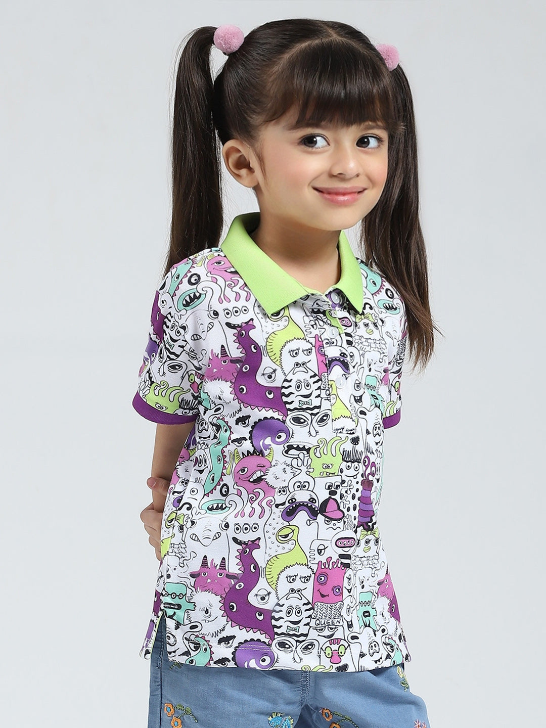Girls Green Printed Collar Half Sleeve T-Shirt