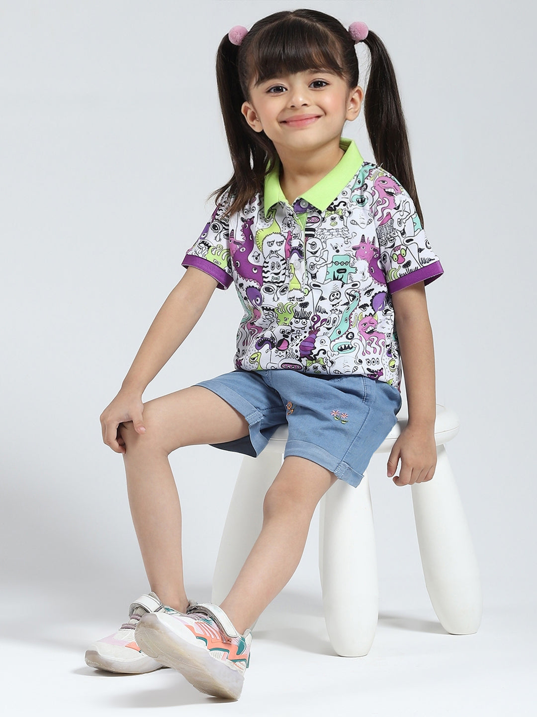 Girls Green Printed Collar Half Sleeve T-Shirt