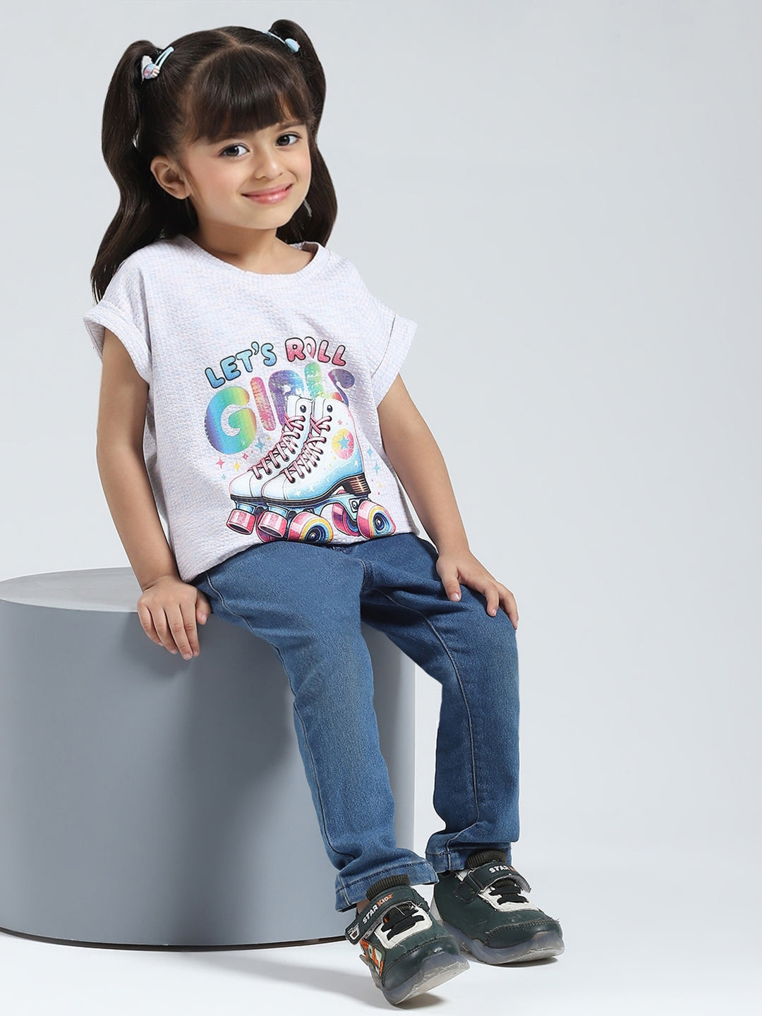 Girls Off White Printed Round Neck Half Sleeve Top