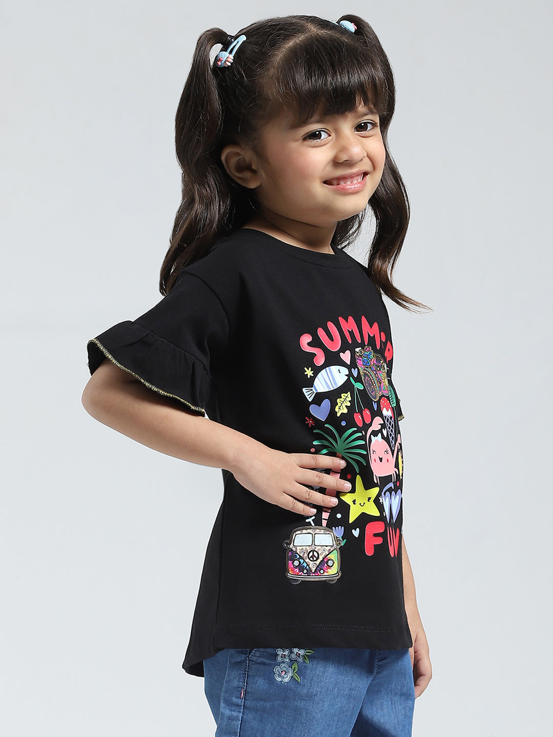 Girls Black Printed Round Neck Half Sleeve Top