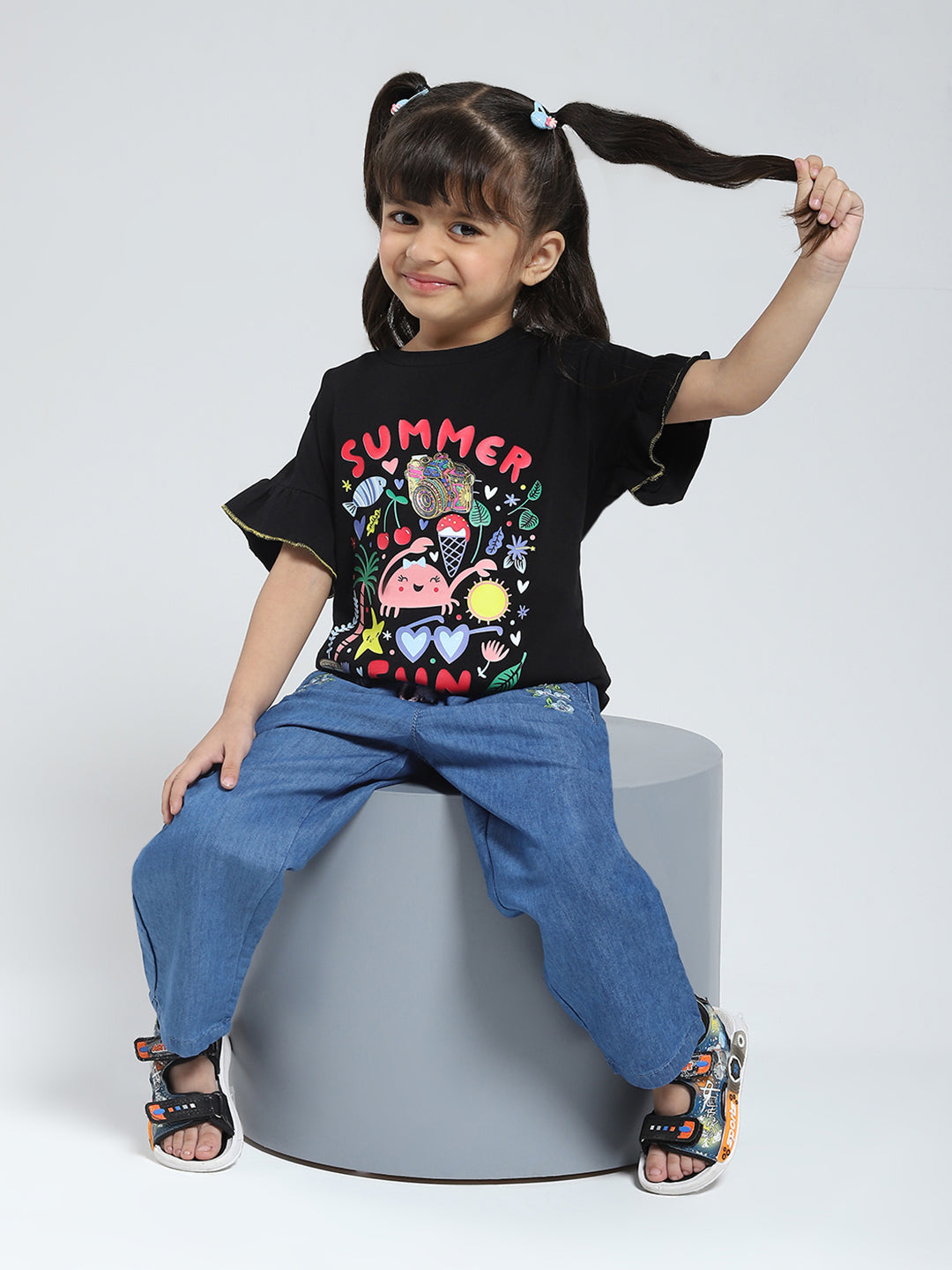 Girls Black Printed Round Neck Half Sleeve Top
