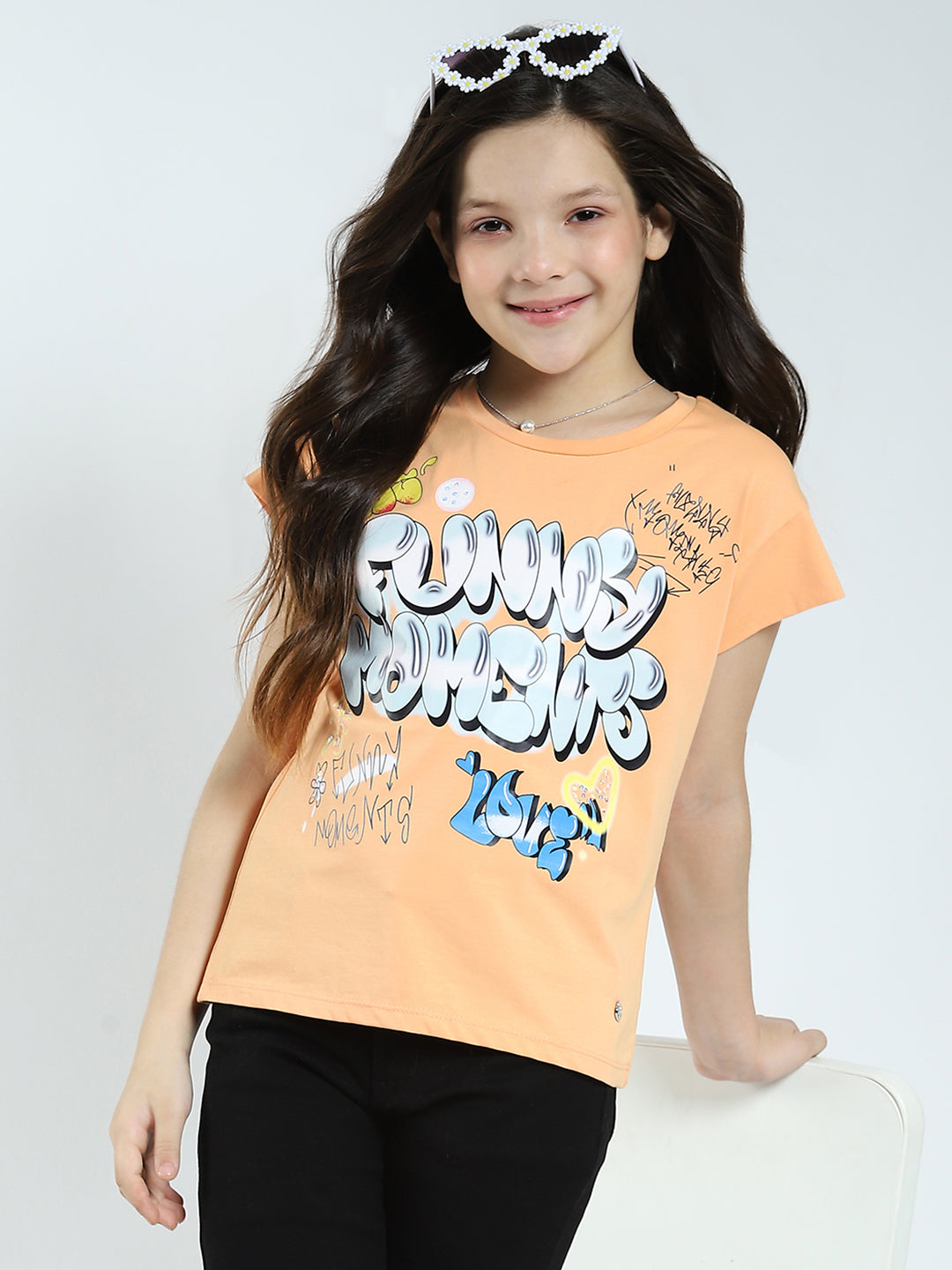 Girls Orange Printed Round Neck Half Sleeve Top