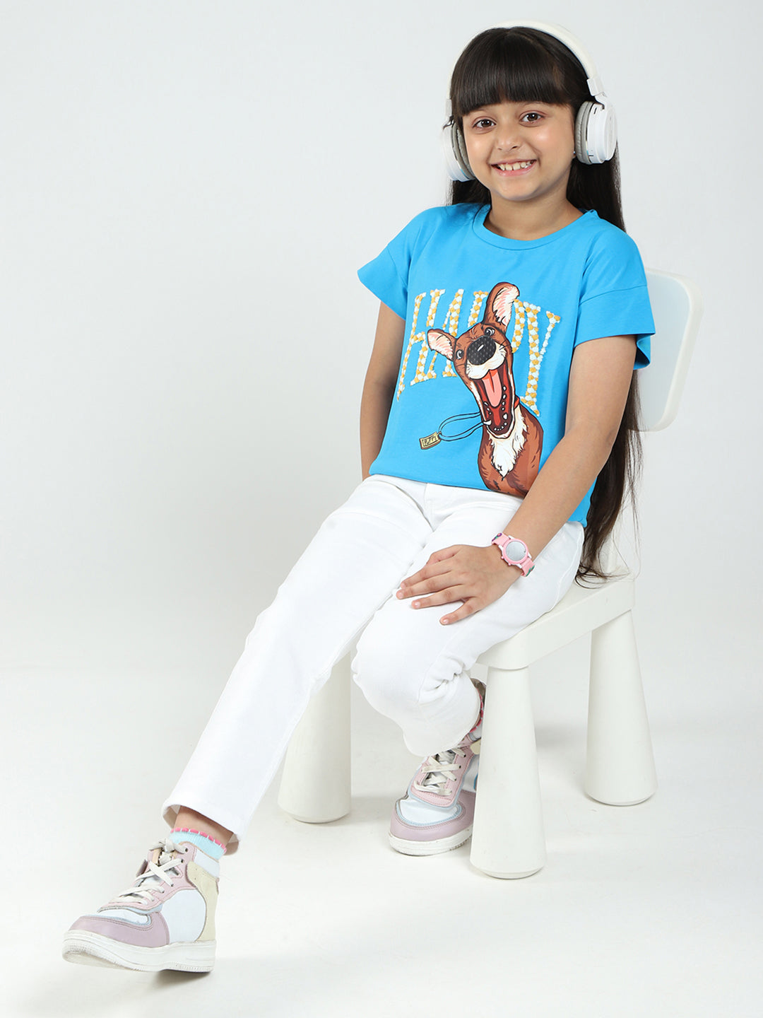 Girls Blue Printed Round Neck Half Sleeve Top