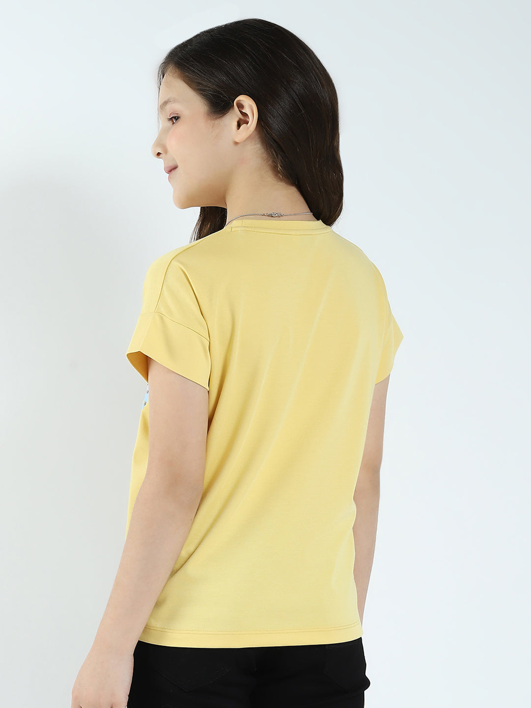 Girls Yellow Printed Round Neck Half Sleeve Top