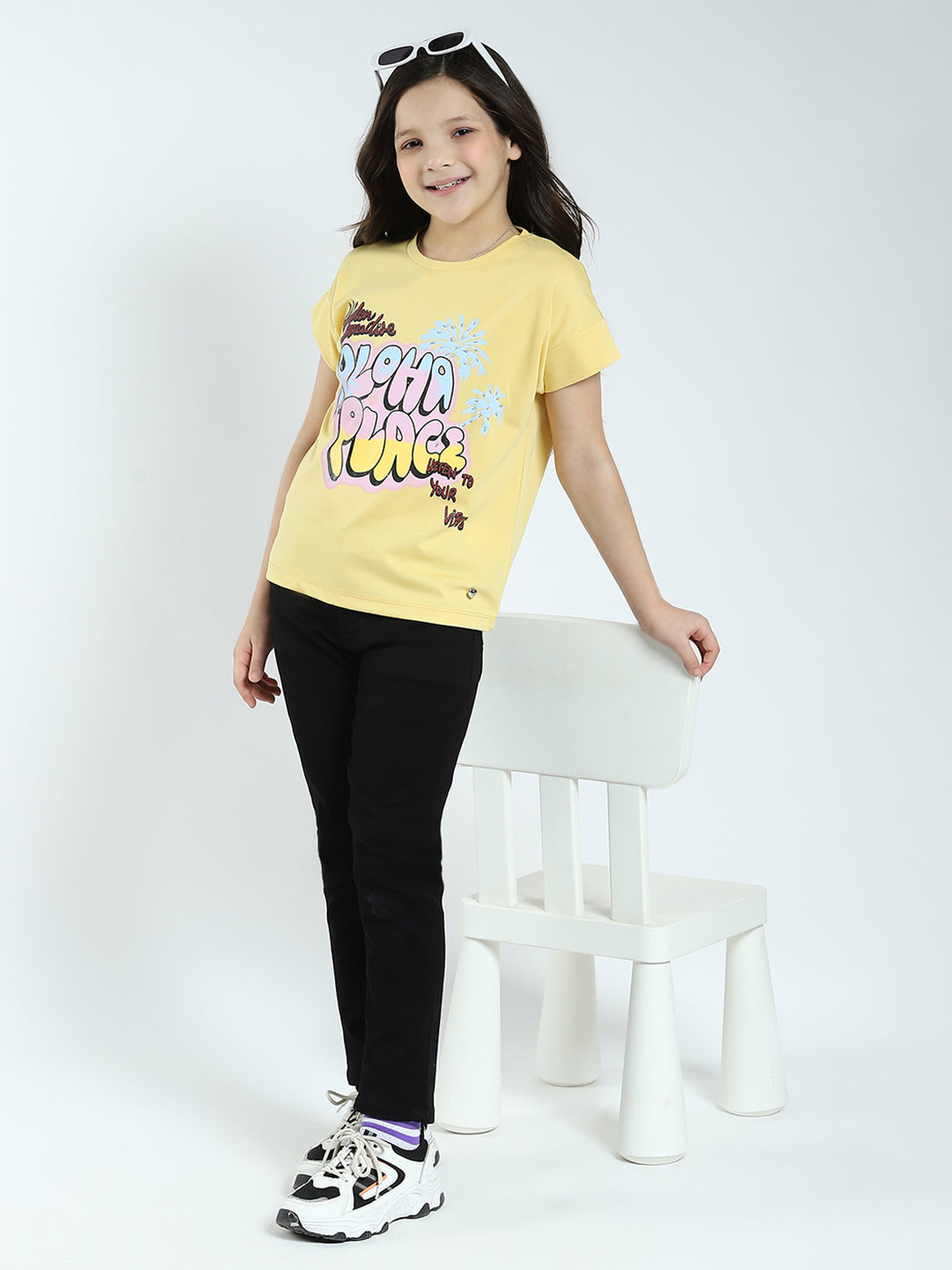 Girls Yellow Printed Round Neck Half Sleeve Top