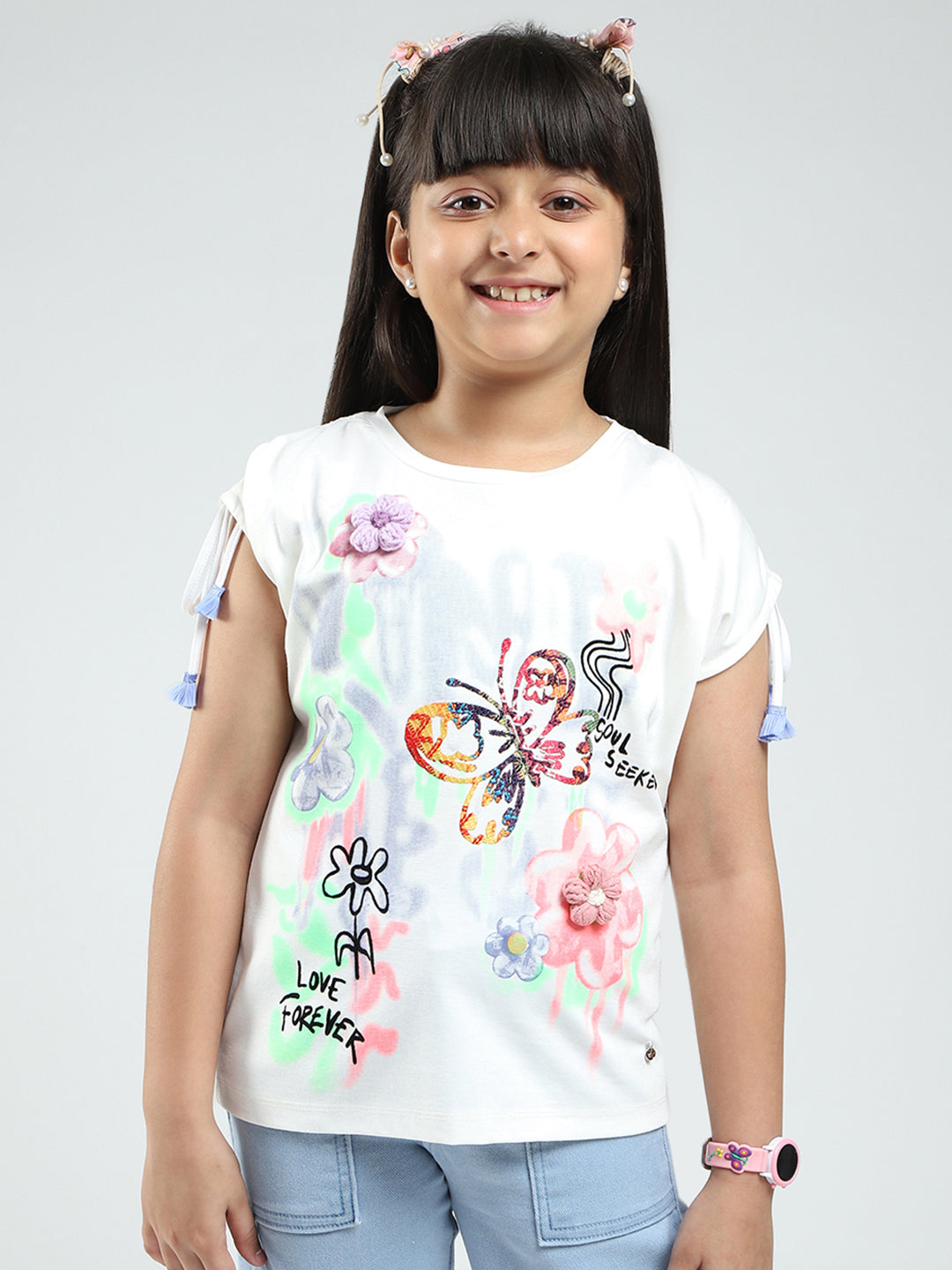 Girls White Printed Round Neck Half Sleeve Top