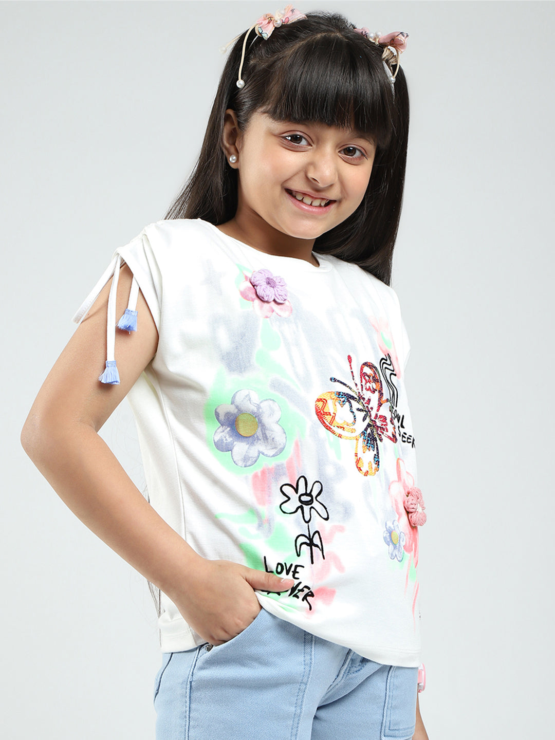Girls White Printed Round Neck Half Sleeve Top