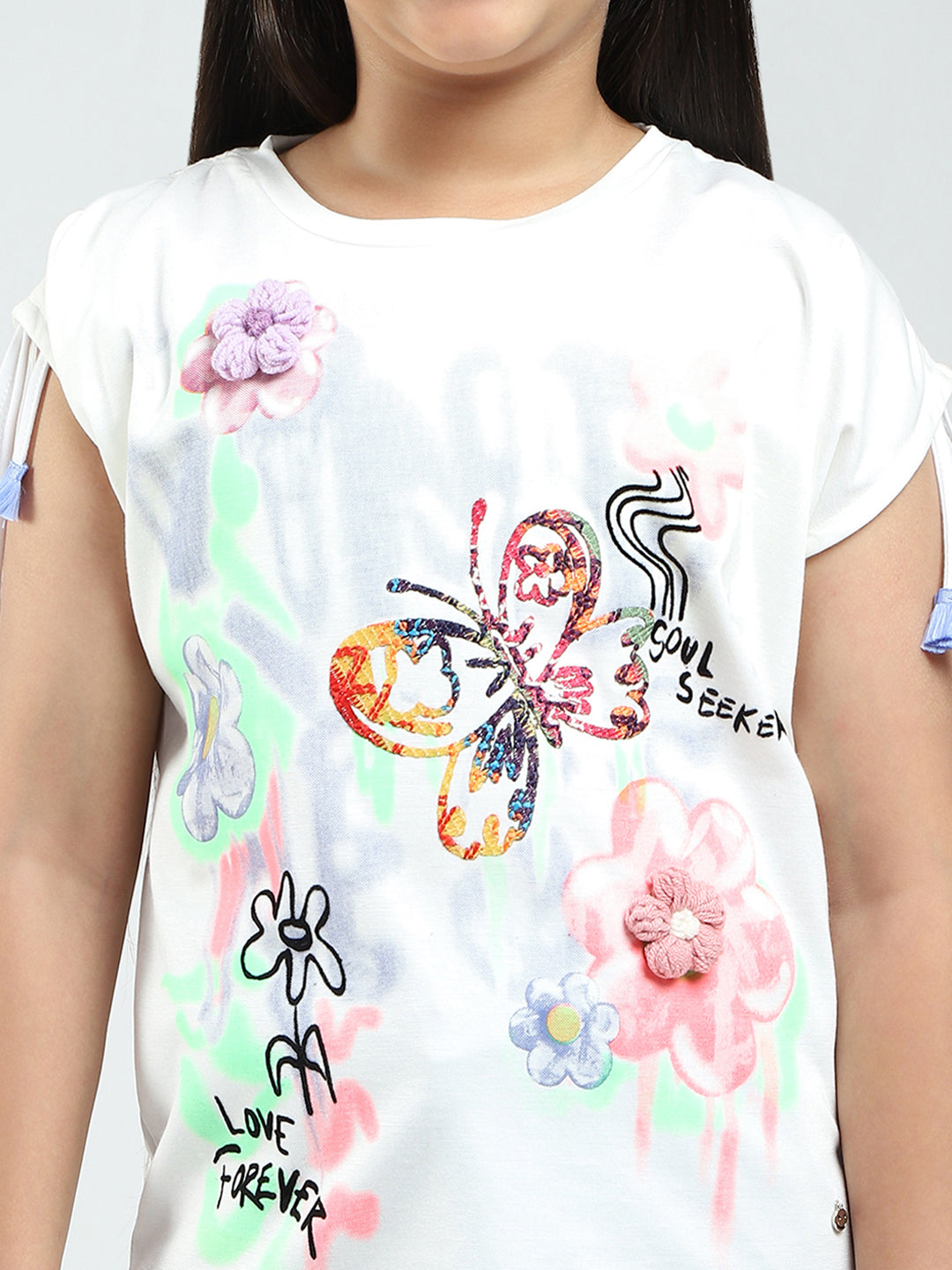 Girls White Printed Round Neck Half Sleeve Top