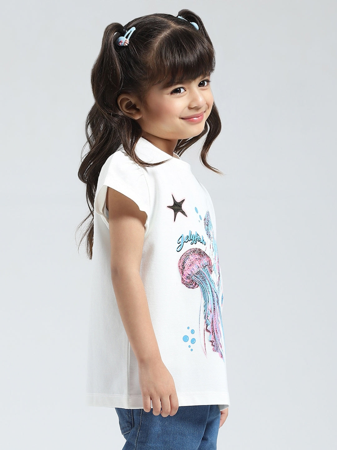 Girls White Printed Round Neck Half Sleeve Top