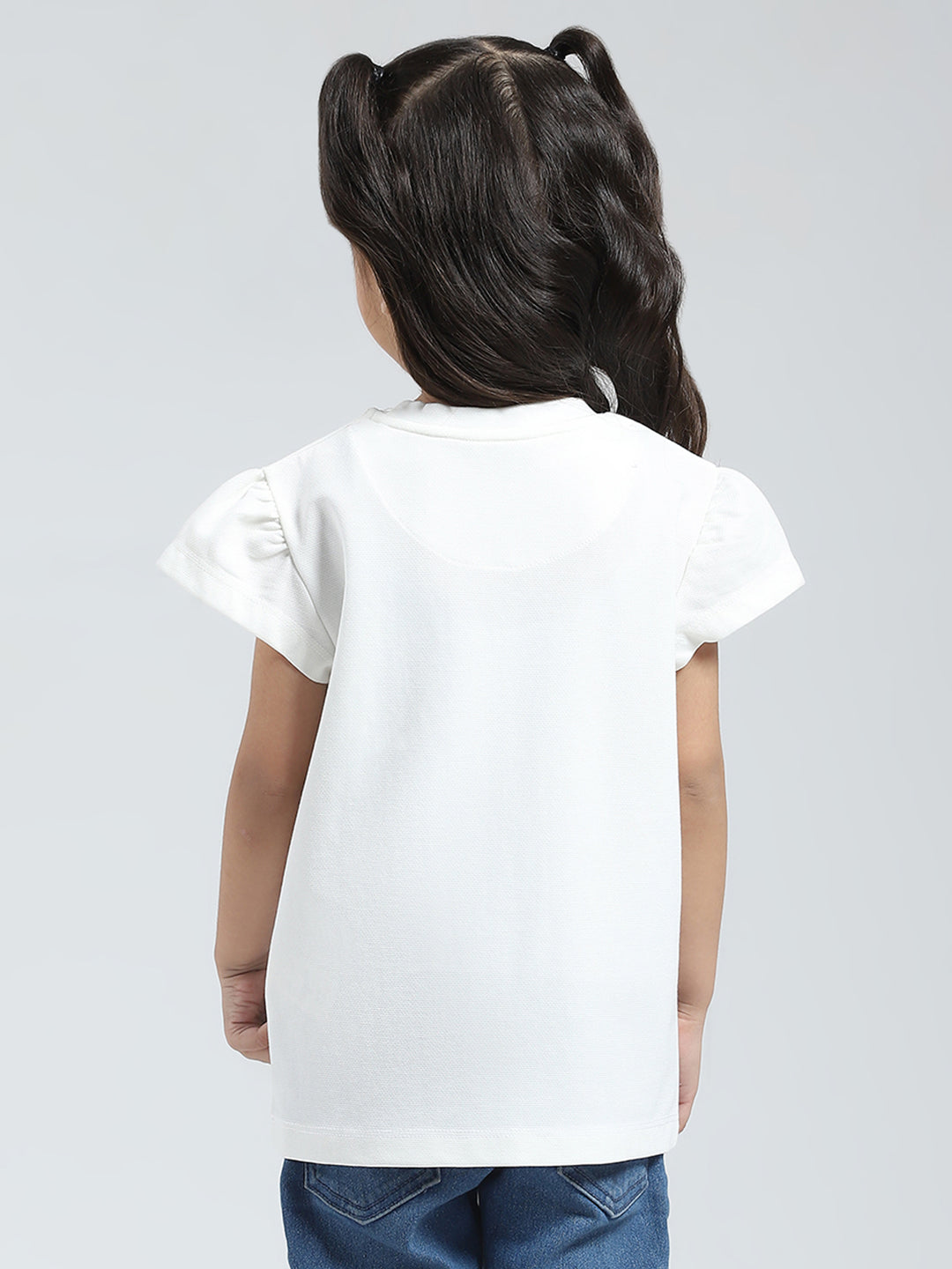 Girls White Printed Round Neck Half Sleeve Top
