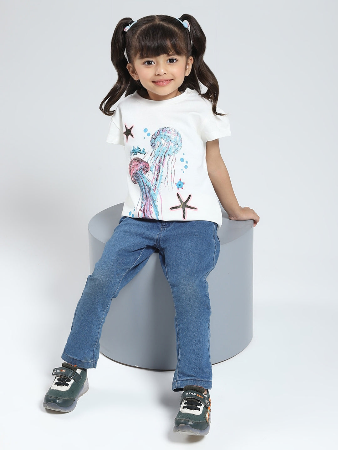 Girls White Printed Round Neck Half Sleeve Top