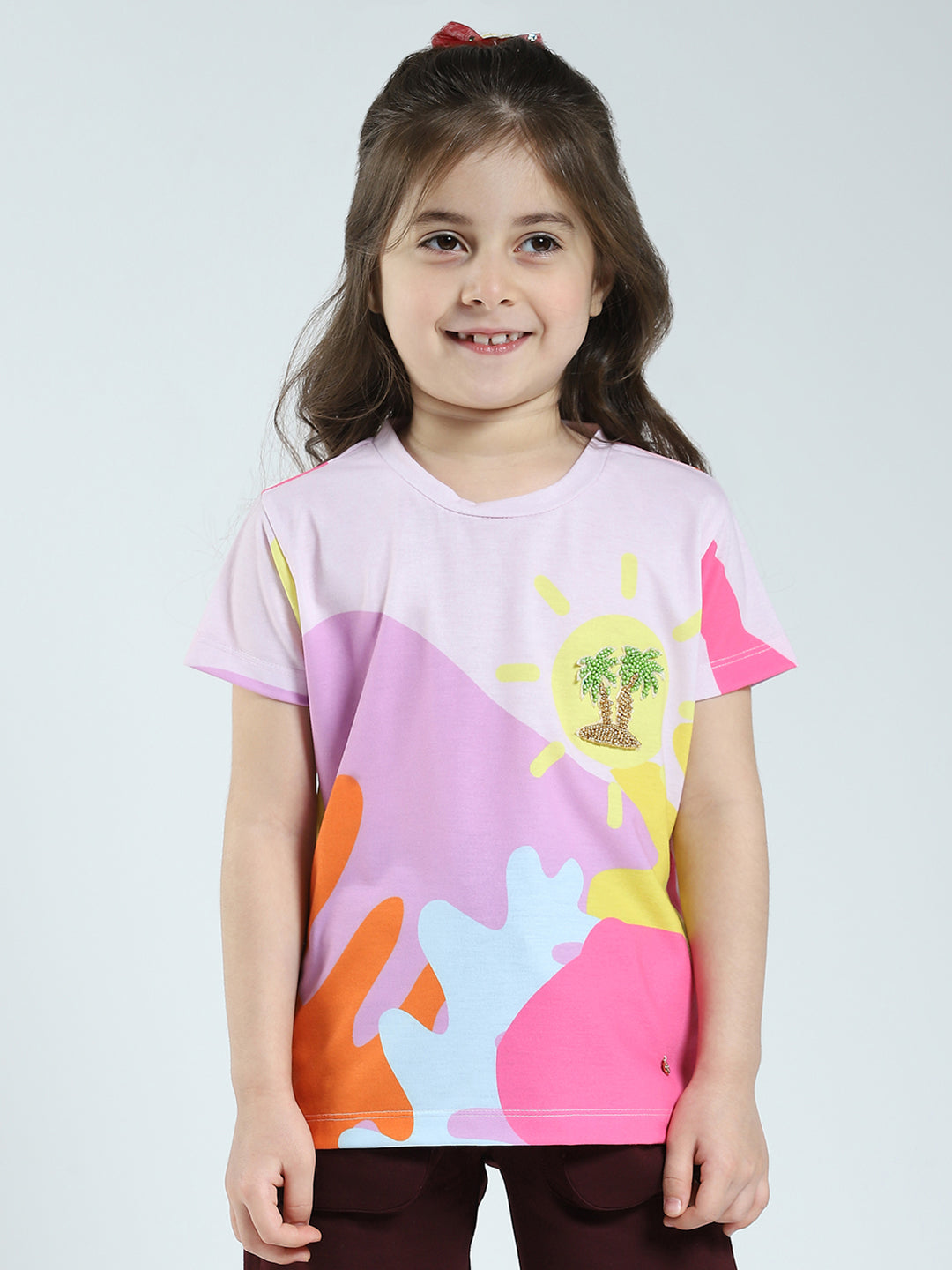 Girls Pink Printed Round Neck Half Sleeve Top