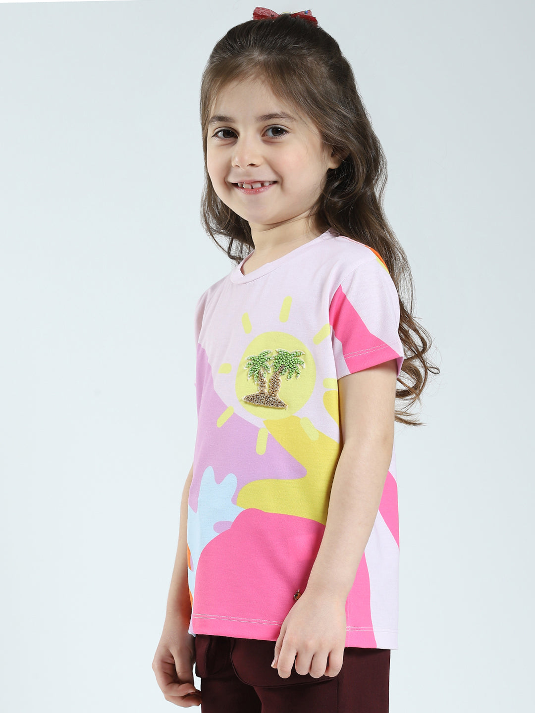 Girls Pink Printed Round Neck Half Sleeve Top
