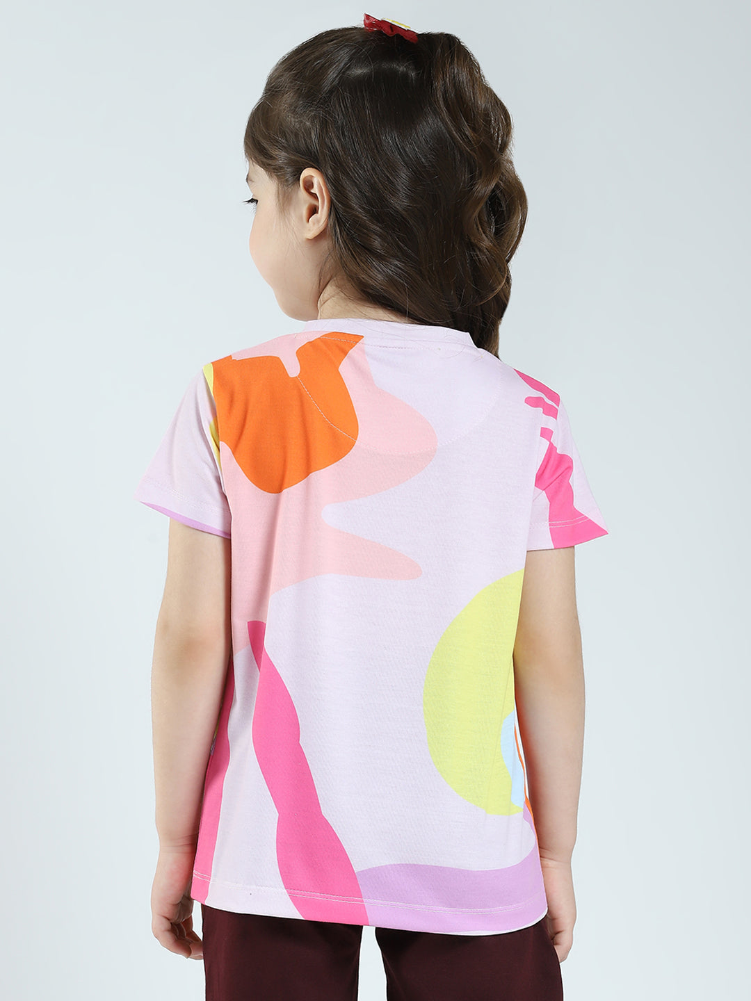 Girls Pink Printed Round Neck Half Sleeve Top